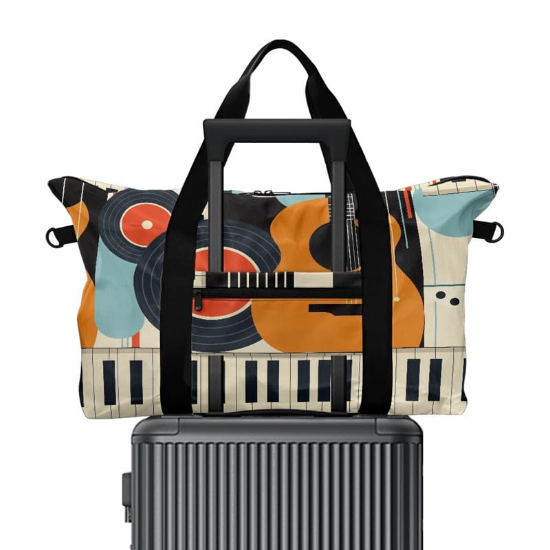 Piano Music Large Duffle Bag for Travel, Guitar Vinyl Pattern Lightweight Carry On Personal Item Bag, Fits Underseat Airline Size2