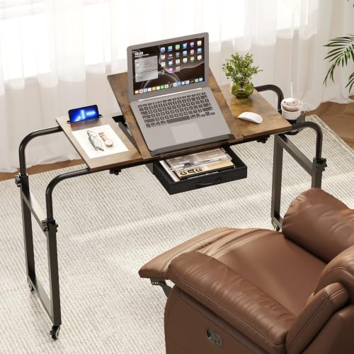 GiftGo Overbed Table with Wheels Rolling Laptop Desk Cart Table for Recliner Over Chair Adjustable for Hospital and Home Use Over The Bed Table with Storage Drawer and Cup Holder (Rustic Brown)