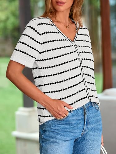 Image of NALANISA Women's Short Sleeve Sweater Spring Summer Crochet Knit Tops 2026 V Neck Striped Button Down Dressy Casual Blouses