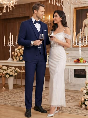 Image of WEEN CHARM Men's 3-Piece Slim Fit Suit Set-2-Button Blazer,Vest & Pants-Formal Wedding,Prom,Party & Business Tuxedo