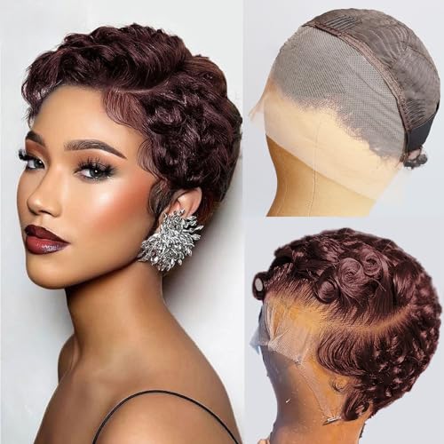 Dark Auburn Burgundy Curly Pixie Cut Lace Front Wig Human Hair Wigs, 99J Burgundy 13x4 HD Lace Frontal Wigs Short Layered Curly Glueless Wig Deep Wave Pixie Cut Human Hair Wigs for Black Women