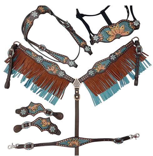 MOUSM Argentina Cow Leather Headstall for Horses Western and Breast Collar Tack Set with Sunflower Carving and Turquoise Stone and Tan Fringe