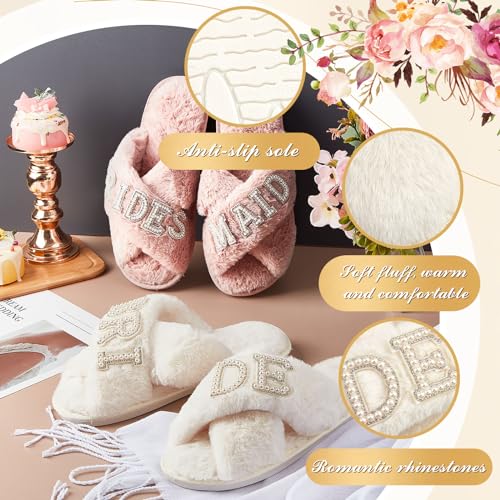 Shihanee 7 Pairs Bride and Bridesmaid Slippers Set Fuzzy White Pink Bridal Slippers Pearl Letter Open Toe for Bridal and Bachelorette Party Gifts3