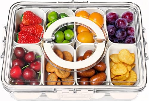 Image of TOGGOT Portable Snackle Box Container - Divided Serving Tray with Lid and Handle, Clear Snack Box Organizer for Fruits, Candy, Charcuterie, Snacks - Ideal for Party & Travel
