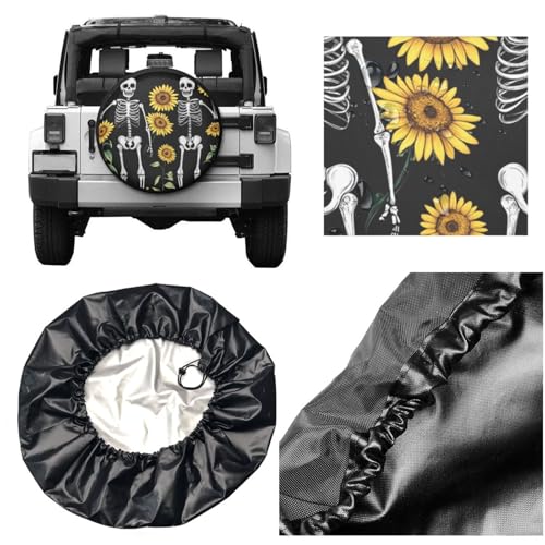 Image of Spring Sunflower Skeleton Spare Tire Cover,Cute Funny Skull Wheel Protectors Weatherproof Universal Fit for Trailer RV SUV Truck Camper Trailer Travel Outdoor,15 inch