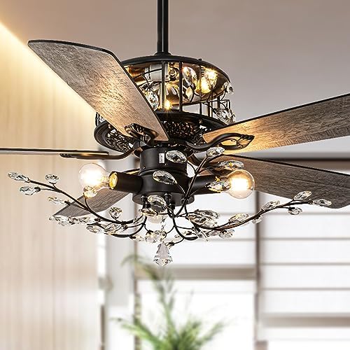 Tropwellhouse Crytal Ceiling Fan with Lights 5 Wood Reverse Blades, Unique Crystal Light Frame Chandelier Ceiling Fans for Modern Living Room/Bedroom, 3 Speed Remote Control, 52Inch