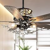 Tropwellhouse Crytal Ceiling Fan with Lights 5 Wood Reverse Blades, Unique Crystal Light Frame Chand