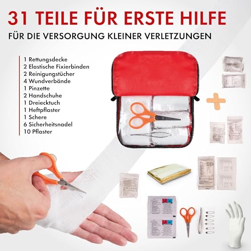 WALSER Premium Mini Erste Hilfe Set 2025, wasserfestes Notfall-Set Outdoor/Camping/Fahrrad, 31-teiliges Reiseapotheke Set, kompaktes Erste Hilfe Set Outdoor, Mini Verbandskasten 2025, First Aid Kit