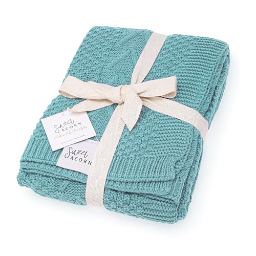 Image of Sweet Acorn Knit Baby Blanket in Cable Pattern, Organic Cotton Blankets for Crib or Stroller, Receiving Blankets - Ocean Teal