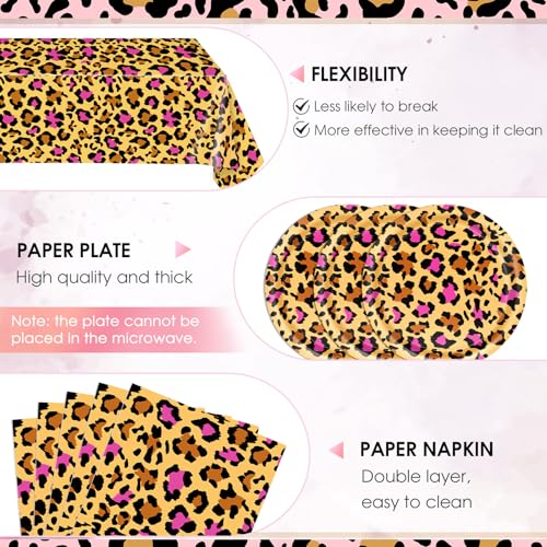 Image of 41PCS Pink Leopard Print Birthday Party Decorations Cheetah Party Decorations Tableware Dessert Plates Napkins,Cheetah Print Table Cloth for Safari Animal Leopard Theme Birthday Party Supplies