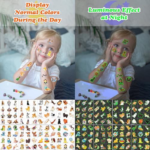 Image of 96 PCS Dog Pet Temporary Tattoos for Kids - Luminous Glow in The Dark | Pre-Cut Animal Fake Tattoo Stickers for Boys Girls | Super Cute First Themed Birthday Party Favors & Supplies
