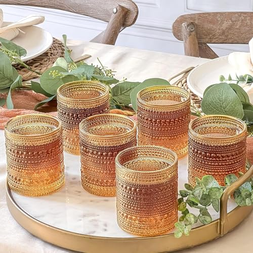 Image of Kate Aspen Beaded Amber Drinking Glasses Set of 6-10 oz Vintage Glassware Set Jupiter Glasses, Cocktail Glass Set, Juice Glass, Water Cups | Hostess Gift, Christmas Present, Gift for Newlyweds