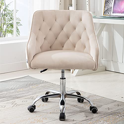 Ssline Modern Cute Desk Chair Elegant Velvet Home Office Computer Chair On Wheels Upholstered Swivel Task Chair W/Tufted Back Stylish Vanity Chairs For Girls Women (C Type-Beige) #TOP1