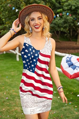 Image of For G and PL Women 4th of July American Flag Tank Dress Deep V Neck Stars Stripe Mini Patriotic Sleeveless Sundress