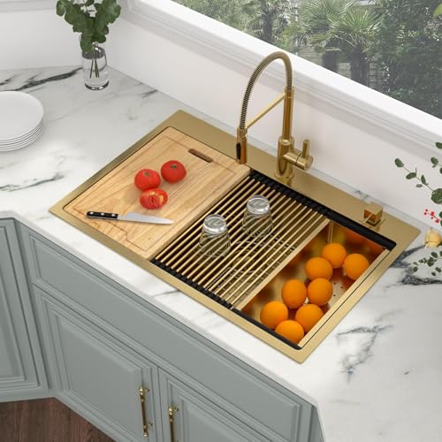 Image of 33 Gold Drop In Kitchen Sink - Kichae 33x22 Gold Brushed Stainless Steel Drop Sink 16 Gauge Ledge Workstation Single Bowl Topmount Overmount Handmade Basin with Cutting Board
