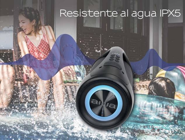 Aiwa AWS600BT speaker with text indicating 'Batería recargable 3600 mAh' (Rechargeable battery 3600 mAh).