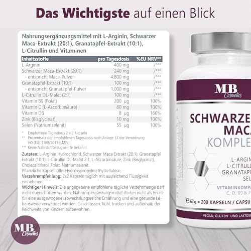 Maca Kapseln 4800mg je Tagesdosis - 200 Maca hochdosiert mit L-Arginin, Granatapfelextrakt, Vitamin C, D, Selen, Zink und Citrullin – veganer 20:1 Maca Extrakt schwarz ohne Zusätze
