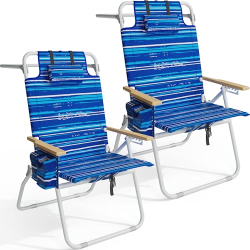 Tall Beach Chairs for Adults, 17" High Backpack Beach Chair with Wooden Armrests, 5 Positions Reclining Heavy Duty Chair with Large Cooler Pouch, Support to 350LBS Striped Blue,2pack