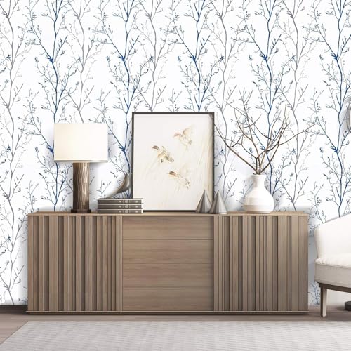 Image of VKR Modern Botanical Tree Branch Wallpaper - Elegant Blue & Grey Design for Living Room, Bedroom & Office Decor | 45x300 cm Self-Adhesive Peel & Stick PVC Wall Sticker