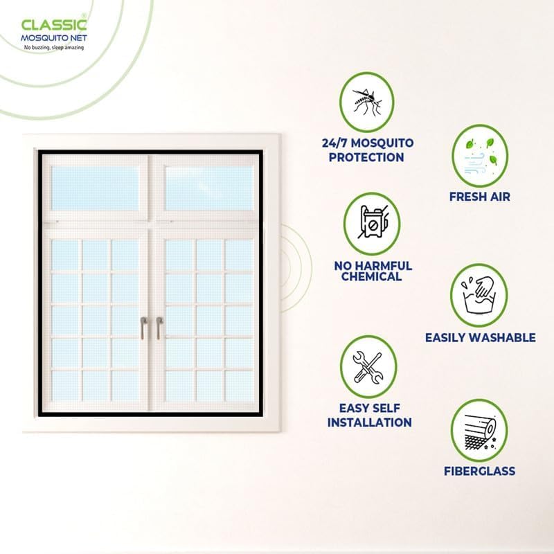 Image of Classic Mosquito Net for Windows | 120X60 cm | 120 GSM Fiberglass Mesh |Pre Stitched Window Net for Home | Self Adhesive Hook & Loop Easy Install | Protection from Mosquitoes & Insects |Black