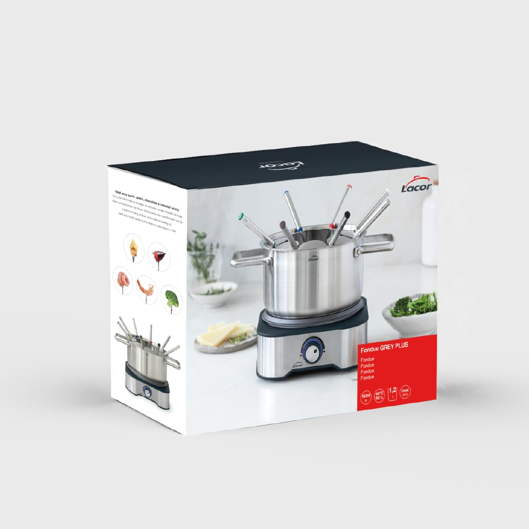 Lacor 69399 Elektrisches Fondue Edelstahl 1500 W mit 8 Gabeln abnehmbarer Topf Thermostat