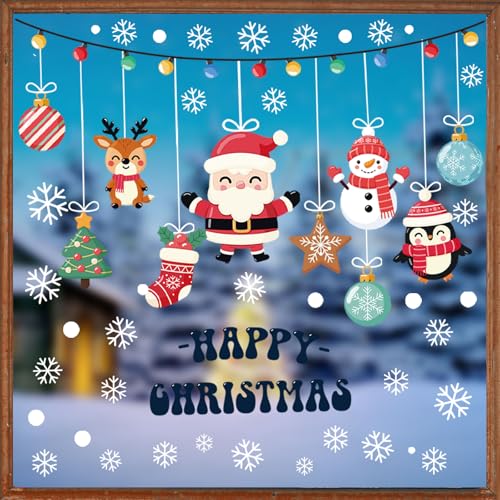 Image of AhfuLife 173Pcs Christmas Window Clings, 9 Sheets Xmas Window Stickers Reusable Double Sided Santa Claus Christmas Tree Snowman Snowflake Decals for Xmas Party Home Indoor Decorations