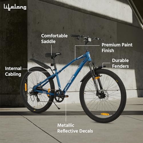 Image of Lifelong Gear Cycle for Men & Women MTB 26T with Dual Disc Brake - MultiSpeed 7-Gear Bicycle - Front Suspension Fork - Mountain Bike Ideal for 15 Years + Adults Upto Height 5 ft 5 inches (Blue)