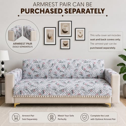 Image of Homerz Premium Printed Quilted Velvet Sofa Slip Cover Protector with Tassels, Sofa Mat, Exact Size, Antislip Cover (Grey Autumn, 6 (3+2+1) Seater, Full)