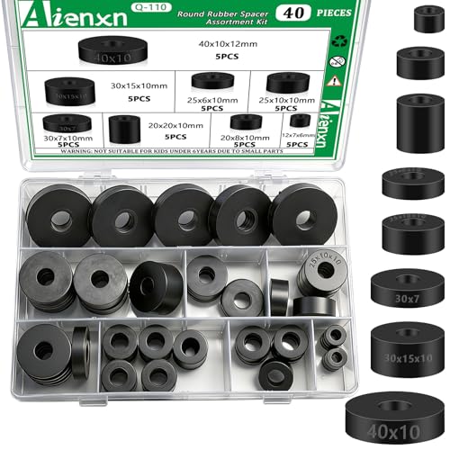 Aienxn 40PCS 8 Sizes Black Round Rubber Spacer Assortment Kit Multi Purpose Rubber Bushings Anti Vibration Spacer for Electrical Repair Home and Car Accessories