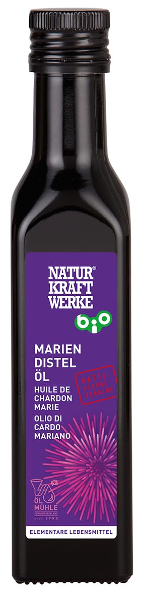 Mariendistelöl Bio 250 ml – nativ & kaltgepresst – aus frischer Pressung in der Ölmühle Zürcher Oberland – im Violettglas – mild & nussig