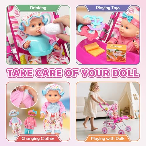 Baby Doll Stroller Set with 12.5" Doll, Baby Dining Table, Backpack with Carrier, 21 PCS Baby Doll Accessories Stroller Toys, 2 Sets Doll Clothes, Feeding Set Girls Toddlers Gifts for Pretend Play by Dreamon - Image 5