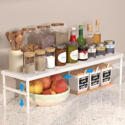 HI NINGER Estantería de armario expandible, estante para especias, organizador de cocina ajustable y apilable, spice rack para armario de cocina y despensa, Compatible con diferentes encimeras (Blanco