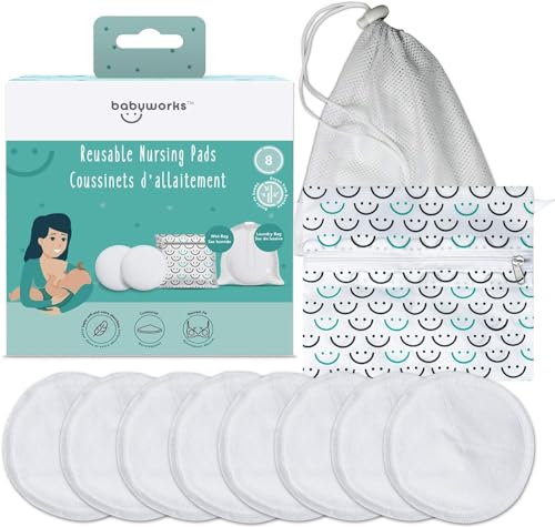 Baby Works Reusable Nursing Pads – Soft, Contoured Nursing Pads Made From Rayon – Comes with Wet Bag & Laundry Bag – Machine Washable – Pack of 8