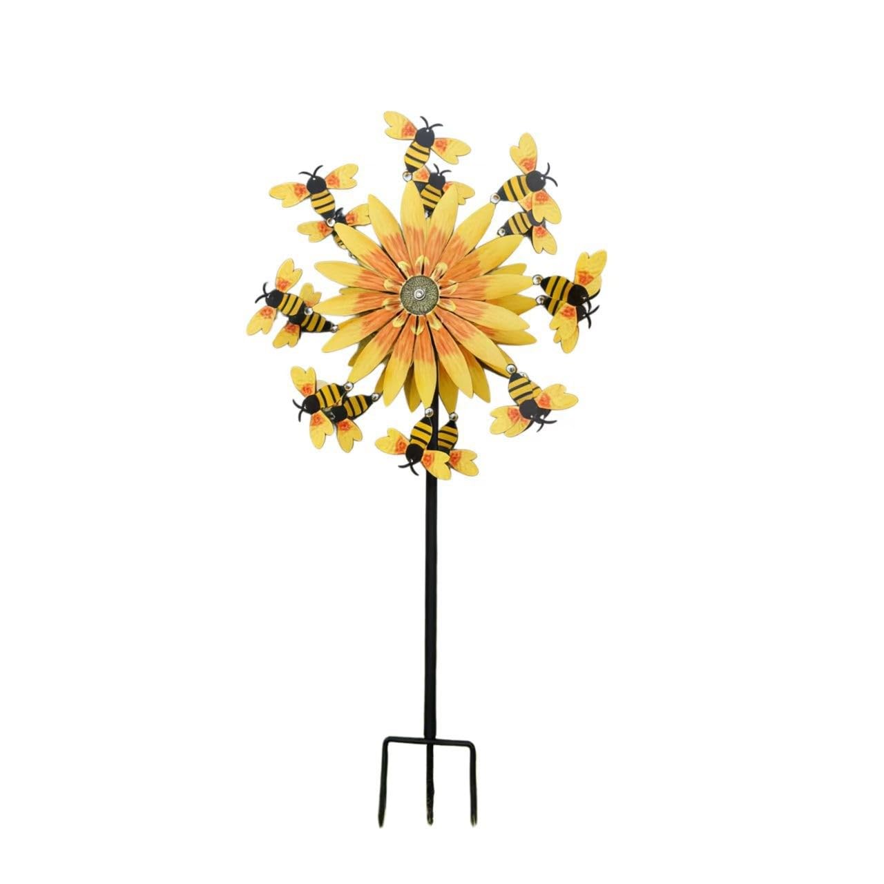 Moulin à Vent en Forme de Tournesol et Abeille, Moulin a Vent Jardin Exterieur avec Tige en Métal Décoration Rotative Alimentée par la Brise pour Pelouse, Jardin, Terrasse, Cour, Porche (A)