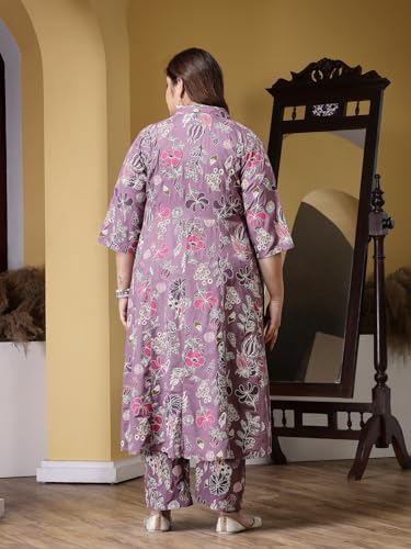 Image of Stylum Women's Plus Size Floral Printed Rayon Kurta Pant Set Mauve