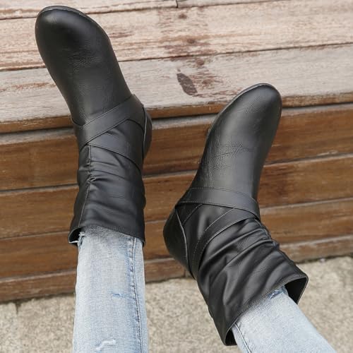 Women's Studded Ankle Booties - Low Heel Round Toe Casual Boots with Metal Decor, Comfortable Slip-On Flat Boots for Everyday Wear 7