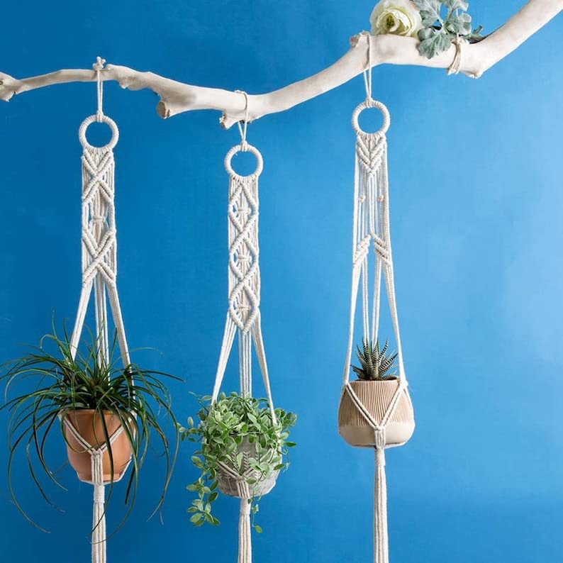 Urooz Macrame Cotton Wall Plant Hanger Without Pot & Pack of 3 | Ceiling Hook Hanger, Rope Flower Pot Holder for Indoor Outdoor Balcony Garden | Home Decor Flower Planter (White) (B0BMQFFM15) Amazon Price History, Amazon Price Tracker