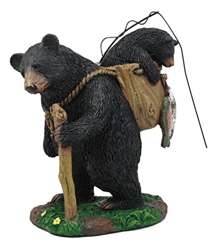 Ebros Gone Fishing Mother Black Bear with Cub in Fishing Backpack Statue Wildlife Forest Rustic Cabin Decor Bear Figurine
