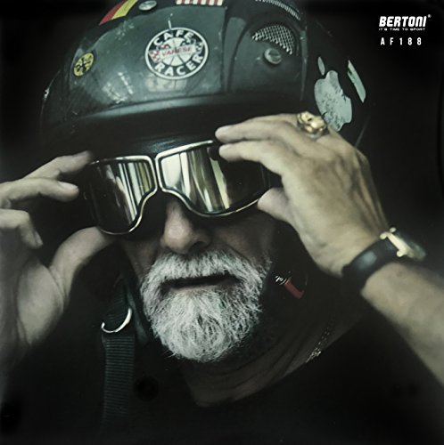 Bertoni Motorcycle Riding Goggles Black Leather Chromed Frame - Anticrash Lens -Special Ventilation Mod. Af188A Clear Silver Mirror Lens - Motorbike Vintage Aviator Glasses #TOP2