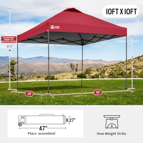 Image of CROWN SHADES Adjustable Height on The Fly, 10x10 Pop Up Canopy - Beach Tent with One Push Setup - Easy Outdoor Sun Shade for Events, Parties, Camping - Outside Shade with STO-N-Go Bag, Red