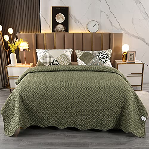 Vinilite Soft Reversible Quilt Set Queen Size, 3 Piece Microfiber Checkered Patchwork Quilted Bedspread Coverlet Bedding Set For All Season With 2 Pillow Shams, Leaf Plant Pattern Stitching, Green #TOP3