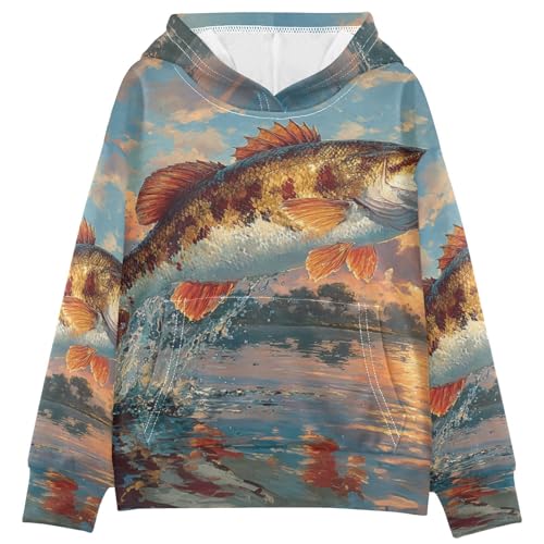 Selerdon Hooded Sweatshirt for Teen Largemouth Fish River Sunset Loose