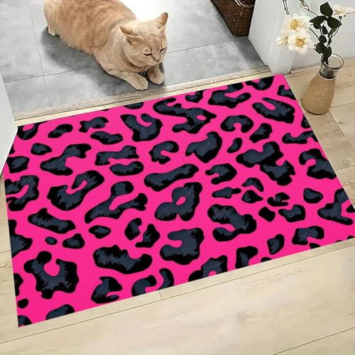 Leopard Print Washable Doormat, 24' x 47' Non Slip Entryway Rugs Soft Low-Profile Animal Textures Front Door Floor Mat Indoor & Outdoor Welcome Rug, Bright Pink