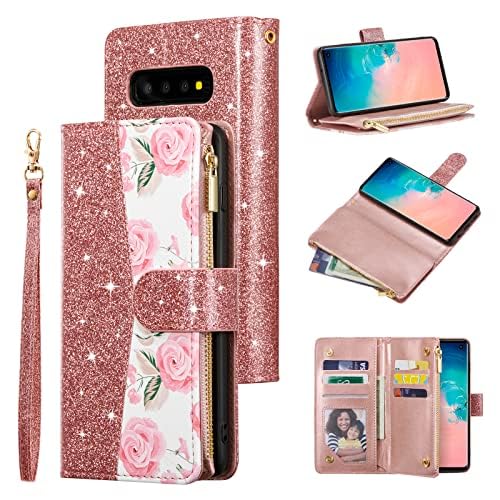 UEEBAI Wallet Case for Samsung Galaxy S10, PU Leather Case Magnetic Closure Handbag Zipper Pocket Case Kickstand Card Slots with Hand Strap Marple