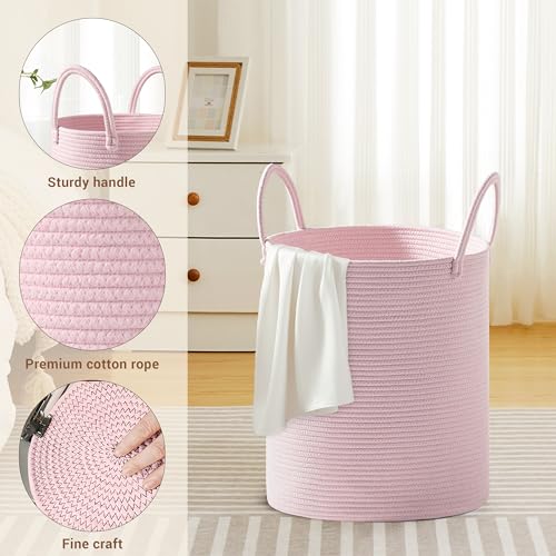 Image of 53L Tall Cotton Rope Laundry Basket with Handles, Pink