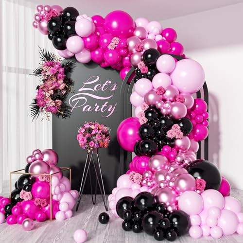 Pink and Black Balloon Arch Kit Hot Pink Black Light Pink Metallic Pink Balloons for Birthday Baby Shower Bridal Shower Wedding Princess Party Decorations
