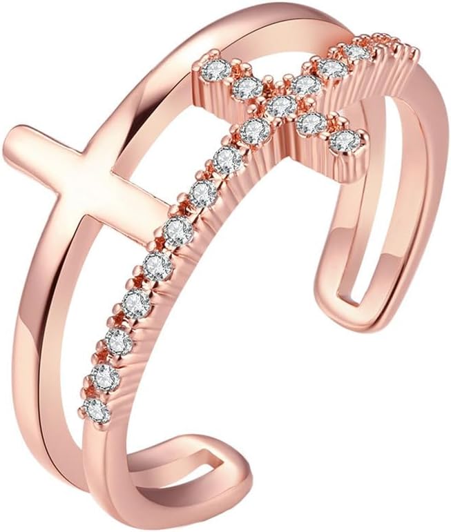 Women's Adjustable Size Ring Rose Gold Plated Double Crucifix Zircon Open Ring-Valentine's Day/Ladies/Women