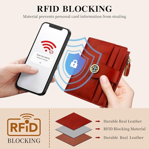 Image of Leather Wallet Women,RFID Blocking Small Wallet for Women Bifold Compact Slim Wallet Card Holder With Zipper Coin Pocket(Red)
