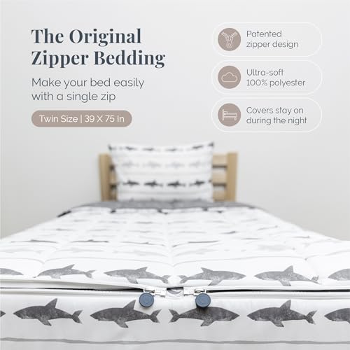 Image of Beddy's Great White Shark Durable Zipper Bedding for Kids - Bed in a Bag - Gray Striped Sheets & Comforter with Grey Sharks - Includes Pillowcase & Sham - Twin
