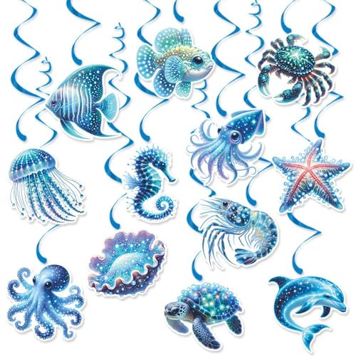 Oiuyamn Sea Animals Birthday Decorations Fish Hanging Swirls Deco for Under The Sea Ocean Theme Party Supplies & Party Decorations Streamers Kids Marine Life Party Decor